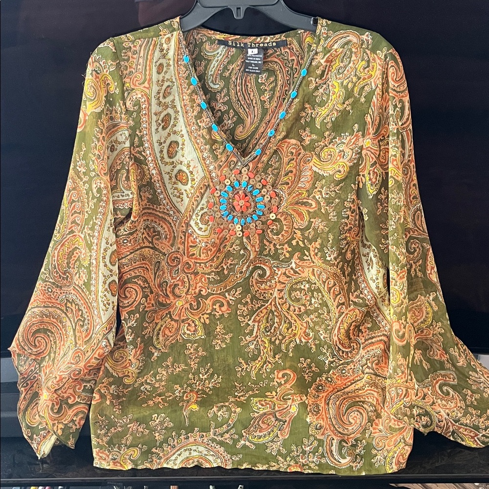 Women’s Multicolored Blouse Peasant Top with Camisole Sz L